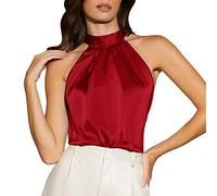 Pleated Strapless Halterneck Vests for Ladies Off Shoulder Sleeveless Vest Women Basic Casual Tank Top Womens Satin Vest Tops Silk Satin Tank Tops Sexy Fashion Tank Top Party Blouses Vest (Red, S)