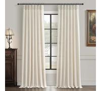 PleatedDrapes Semi Sheer Curtains 90 Inches Long for Bedroom Light Filtering Beige Birch Textured Linen Blend Pleat Curtains 7-1/2 ft Length Hooks Rings&Back Tab for Sliding Glass Doors 2 Panels Set