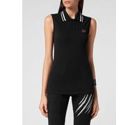 Plein Sport Sleeveless Cotton Polo Shirt with Glitter Logo and Striped Collar - Size: M - female