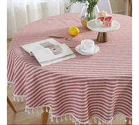 Plenmor Christmas Round Table Cloth Cotton Blend Christmas Tablecloth Stripe Tassel Xmas Tablecloth Dust-Proof Table Cover for Kitchen Dinning Tabletop Decoration (Round, 140cm, Red)