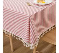 Plenmor Christmas Table Cloth Cotton Blend Christmas Tablecloth Stripe Tassel Rectangle Xmas Tablecloth Dust-Proof Table Cover for Kitchen Dinning Tabletop Decoration (140cm x 220cm, Red)