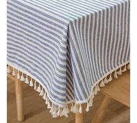 Plenmor Cotton Blend Table Cloth Stripe Tassel Rectangle Tablecloth Dust-Proof Table Cover for Kitchen Dinning Tabletop Decoration (140cm x 220cm, Blue)