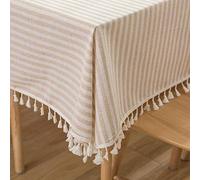 Plenmor Cotton Blend Table Cloth Stripe Tassel Rectangle Tablecloth Dust-Proof Table Cover for Kitchen Dinning Tabletop Decoration (140cm x 250cm, Beige)