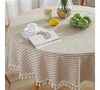 Plenmor Cotton Blend Tablecloth for Round Table Stripe Tassel Round Table Cloth Dust-Proof Table Cover for Kitchen Dinning Tabletop Decoration (Round, 140cm, Beige)