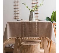 Plenmor Heavy Duty Cotton Linen Tablecloth Dustproof Tassel Tablecloth Cover for Kitchen Food Farmhouse Table Top Decoration (Khaki, 140 x 250 cm)