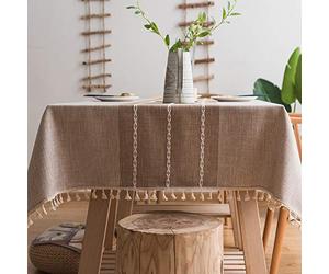 Plenmor Heavy Weight Cotton Linen Tablecloth Dust-Proof Tassel Table Cloth Cover for Kitchen Dinning Farmhouse Tabletop Decoration (A-Brown, 140x180 cm)
