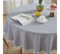 Plenmor Round Tablecloth Stripes Cotton Circular Table Cloth with Tassels for Round Table Round Table Cover for Coffee Picnic Outdoor (Round, 180cm, Blue)