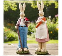 PlentifulHome 2-Piece Easter Bunny Couple Figurines - Resin Rabbit Holding Carrot & Bird Nest, Cute Spring Table Decorations for Home, Farmhouse Easter Decor