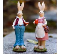 PlentifulHome Easter Bunny Couple Ornaments - 15.5cm Hand-Painted Resin Figurines, Set of 2 Spring Rabbit Statues for Easter Tabletop, Shelf or Mantel Decoration, for Kids and Families