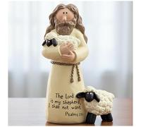 PlentifulHome Jesus Holding Lamb Figurine - Small Resin Shepherd Statue with Sheep, Christian Home Decor with Psalm 23:1 Bible Verse, Religious Ornament Gift for Women, Men, or Children, 10.5cm