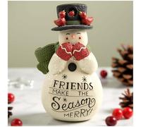 PlentifulHome Snowman Figurine with “Friends Make the Season Merry” Quote - Resin Christmas Snowman Ornament for Indoor Table Decorations, Holiday Home Decor - 10.4cm