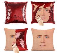 Plenty Dreams Nicolas Cage Face Reversible Sequin Cushion Cover Pillowcase A Magic Nick Cage Pillowcover Gift For Christmas and HoneyMoon (Red Sequin)