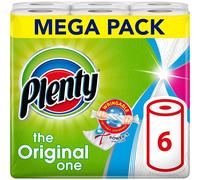 PLENTY Kitchen Towel, 6 White Rolls, 600 Sheets, 2-Ply - 40% More Absorbent, Power-X Structure, Wettable, Wringable & Scrubbable