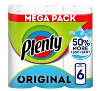 Plenty Original Kitchen Roll 100 Sheets Per Roll, 2-Ply Tissue (Original, Pack of 6 Rolls)