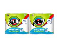 Plenty Original Kitchen Roll, 2 Rolls | 4 Rolls and 380 Strong 2-Ply Sheets Total | Absorbent Household Paper Towels for Spills, Wiping and Cleaning, 2 Packs