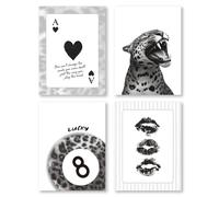 Pleonox Retro Leopard Lucky 8 Ball Canvas Wall Art Prints Set of 4, Black and White Cheetah Lip Kiss Poker Posters Pictures Wall Decor for Girls Bedroom Dorm Apartment Home, 12x16 Unframed
