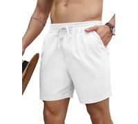 PLEPAN Mens 5 Inch Linen Shorts - Casual Elastic Waist Drawstring Summer Beach Shorts with Pocket, White, Medium