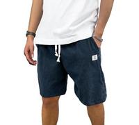 PLEPAN Mens Corduroy Shorts Casual Elastic Waist Drawstring Summer Beach Shorts, Navy Blue, Large
