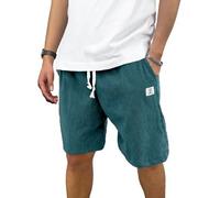 PLEPAN Mens Corduroy Shorts Casual 5/7 Inch Inseam Elastic Waist Drawstring Summer Beach Short, Blue Green, Medium