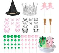 Pletpet 66Pcs Wicked Cake Decorations Kit with Pink bow, Broom, Green and Pink Balloons, Silver Plastic Crown and Black Witch Hat, Wicked Cake Topper Decorations for Birthday and Party