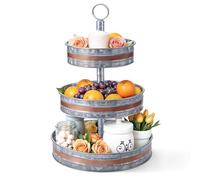 Plexon 3 Tiered Tray Stand, Metal Tiered Serving Tray, Round Seafood Tower, Centerpiece Three Tiered Serving Stand, Galvanized Steel Trays, Silver with Copper Trim Farmhouse 3 Tier Stand for Fruit