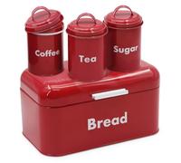 Plexon Bread Box for Kitchen Countertop, Bread Container with Coffee, Tea, Sugar Canisters, Metal 4-Piece Bread Box Set with Lids, Red