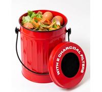 Plexon Countertop Compost Bin Kitchen with Lid, Red 1.5 Gallon Odorless Compost Container, Steel Food Compost Bucket for Kitchen with Charcoal Filter, Pail for Countertop