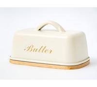 Plexon Metal Butter Dish with Lid and Handle, Covered Butter Dish Airtight, Cute Counter Butter Keeper, Galvanized Steel Butter Counter Holder, Bamboo Butter Tray with Lid, Off-White