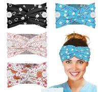 Plifal 4pcs Nurse Headbands for Women with Buttons Non Slip - Cute Dental Doctor Nursing Sweat Wicking Head Bands, Elastic Wide Turban Soft Hair Bands Accessories for Medical Healthcare Work