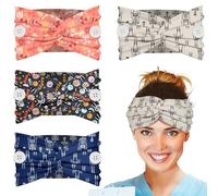 Plifal 4pcs Nurse Headbands for Women with Buttons Non Slip - Cute Skeleton Radiology Nursing Sweat Wicking Head Bands, Elastic Wide Turban Soft Hair Bands Accessories for Medical Healthcare Work