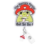 Plifal Badge Reel Holder Clip - Funny Frog Mushroom The Horrors Persist Retractable ID Name Card Badge Reel with Charm Alligator Clip, Office Nurse Nursing Medical Worker Student Accessories Gifts