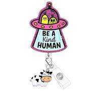 Plifal Badge Reel Holder Clip - Funny UFO Alien Be A Kind Human Retractable ID Name Card Badge Reel with Charm Alligator Clip, Office Nurse Nursing Medical Worker Student Accessories Gifts