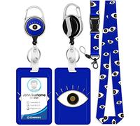 Plifal ID Badge Holder with Lanyard and Retractable Badge Reel Belt Clip, Unique Trendy Evil Eye Keychain Lanyards Clip On Badge Extender Vertical ID Sleeve for Women Men(Blue)