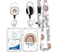 Plifal ID Badge Holder with Lanyard and Retractable Social Worker Badge Reel Belt Clip, Boho Rainbow Leopard Keychain Lanyards Clip On Badge Extender Vertical ID Sleeve for Women Men