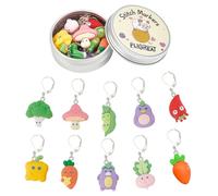 PLIGREAT 10 Pcs Cute Colorful Vegetables Charms Crochet Stitch Markers Knitting Row Counter Locking Mark Needle Clip Knitting Tool Kit with Storage Tin Box Gifts for Mom DIY Jewelry Crafts Accessories
