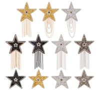 PLIGREAT 11 Pcs Rhinestone Stars Iron on Patches Sparkling Five-Pointed Stars Applique with Chains Tassel Clothing Repair Appliques for DIY Clothes Jackets Pants Bags Hats Clothes Embellishment