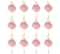 PLIGREAT 12 Pcs Silk Rose Boutonniere for Men Women, Pink Flower with Gold Leaf Brooch Lapel Pins Artificial Flower Boutonniere Pins for Suit Wedding Ceremony Anniversary Prom Dinner Party, Pink