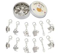 PLIGREAT 12 Pcs Silver Tea Pot Teacup Charms Crochet Stitch Marker Knitting Row Counter Locking Marks Needle Clip Knitting Tool Kit with Storage Tin Box Gift for Mom DIY Jewelry Crafts Accessories