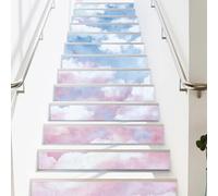 PLIGREAT 15 Pcs Watercolor Clouds Stair Riser Decals, Peel and Stick Stair Stickers for Steps 7.1"x39"/18x100cm Self-Adhesive Vinyl Pinkish Blue Sky Pattern Staircase Murals Decor for Home Hotel