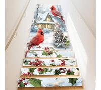 PLIGREAT 15 Strips Christmas Stair Decals, Peel and Stick Bird Xmas Tree Stair Riser Stickers for Steps 18x100cm Self-Adhesive Vinyl Retro Farmhouse Staircase Murals Decor for Home Hotel