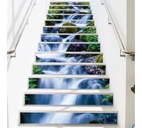 PLIGREAT 15 Strips Forest Waterfall Stair Riser Decals, Peel and Stick Stair Stickers for Steps 7.1"x39"/18x100cm Self-Adhesive Vinyl Flower Staircase Murals Decor for Home Hotel