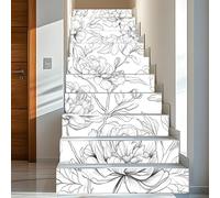 PLIGREAT 15 Strips Sketch Peony Pattern Stair Decals Peel and Stick Stair Riser Stickers Creative Murals Decor for Steps 18x100cm Self-Adhesive Stair Riser Decals for Home Hotel Decor