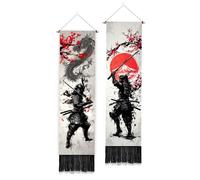 PLIGREAT 2 Pack Ancient Japan Warrior Vertical Tapestry, Vintage Dragon Fuji Long Wall Tapestry Aesthetic Wall Hanging with Tassels for Bedroom Living Room Bathroom Home Art Decor