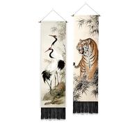 PLIGREAT 2 Pack Chinese Traditional Painting Style Wall Tapestry, Tiger Crane Vertical Tapestry Aesthetic Wall Hanging with Tassels for Bedroom Living Room Bathroom Home Art Decor Housewarming Gift