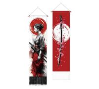 PLIGREAT 2 Pack Female Warrior Wall Tapestry Japanese Style Cherry Blossom Wall Hanging with Tassels Decorative Aesthetic Vertical Tapestry for Bedroom Living Room Home Decorations, 130 x 33cm
