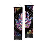 PLIGREAT 2 Pack Hamsa Hand Wall Hanging, Evil Eye Long Narrow Tapestry with Tassels Vertical Boho Mandala Wall Tapestries for Bedroom Living Room Home Yoga Room, 52" x 13"/130 x 33cm