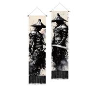PLIGREAT 2 Pack Ink Style Tapestry Japanese Samurai Vertical Wall Hanging with Tassels Black Aesthetic Wall Tapestry for Bedroom Living Room Dormitory Backdrop Home Art Decor, 52"x13"/130x33 cm