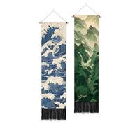 PLIGREAT 2 Pack Japanese Landscape Wall Tapestry Retro Mountain Sea Wall Hanging with Tassels Decorative Aesthetic Vertical Tapestry for Bedroom Living Room Home Decorations, 130 x 33cm