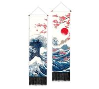 PLIGREAT 2 Pack Japanese Style Vertical Tapestry, Cherry Blossom Ocean Wave Print Long Wall Tapestry Aesthetic Wall Hanging with Tassels for Bedroom Living Room Bathroom Home Art Decor, 130 x 33cm
