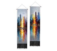PLIGREAT 2 Pack Modern Oil Painting Wall Tapestry Hand Painted Cityscape Long Wall Hanging with Tassels Decorative Aesthetic Vertical Tapestry for Bedroom Living Room Home Decoration